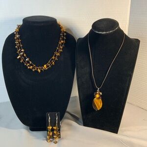 Trio of tigers eye jewelry, triple strand necklace, pendant necklace, earrings